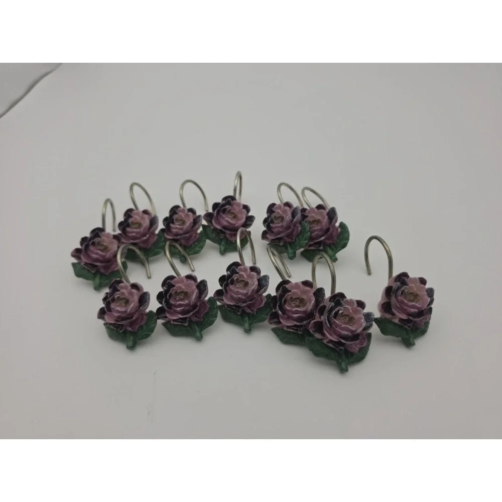 VINTAGE 12 Bordeaux Purple/Lavender Rose Shower Curtain Hooks Rings CottageCore